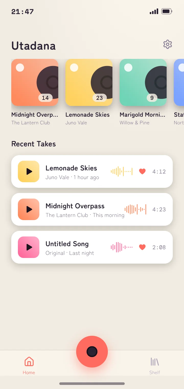 Home screen with the record button and takes listed by the day they were recorded