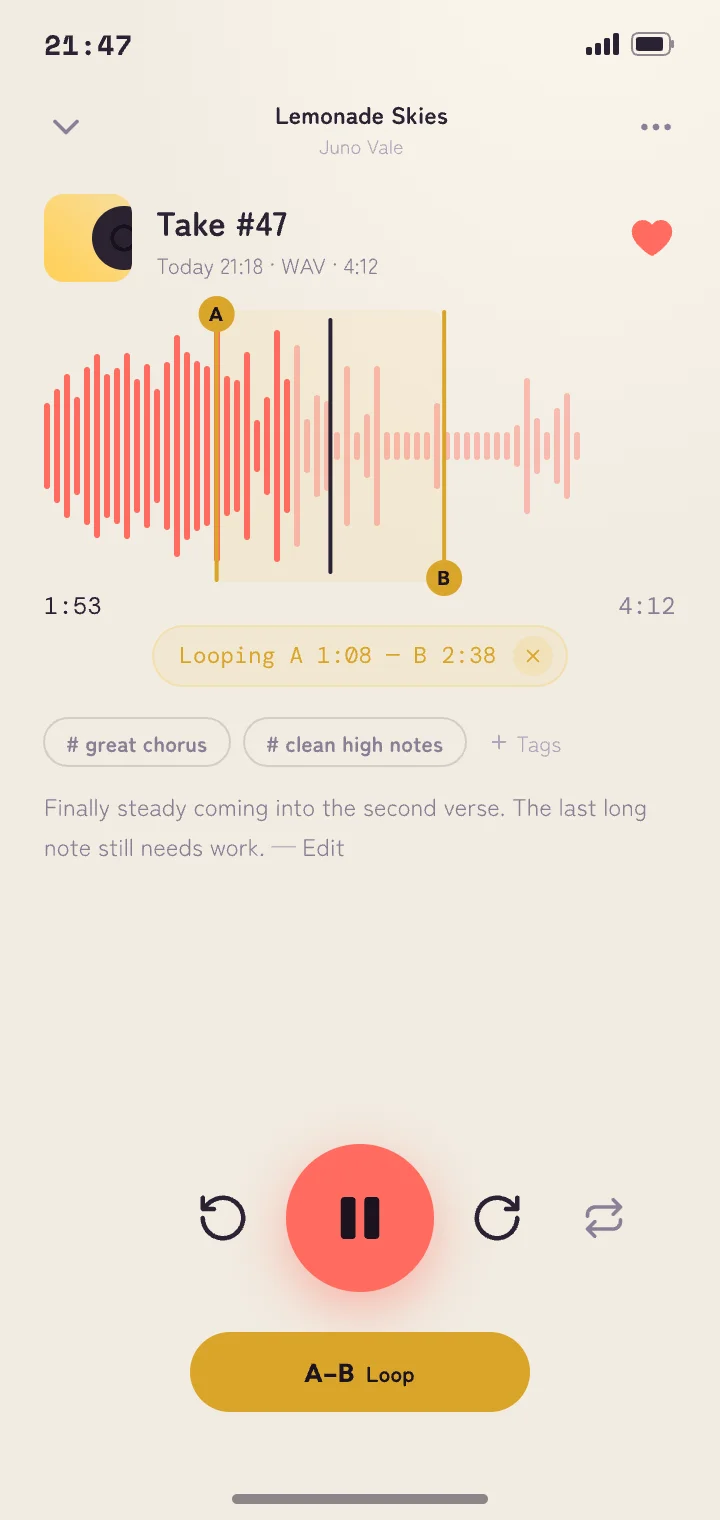 Player screen looping the part between points A and B on the waveform
