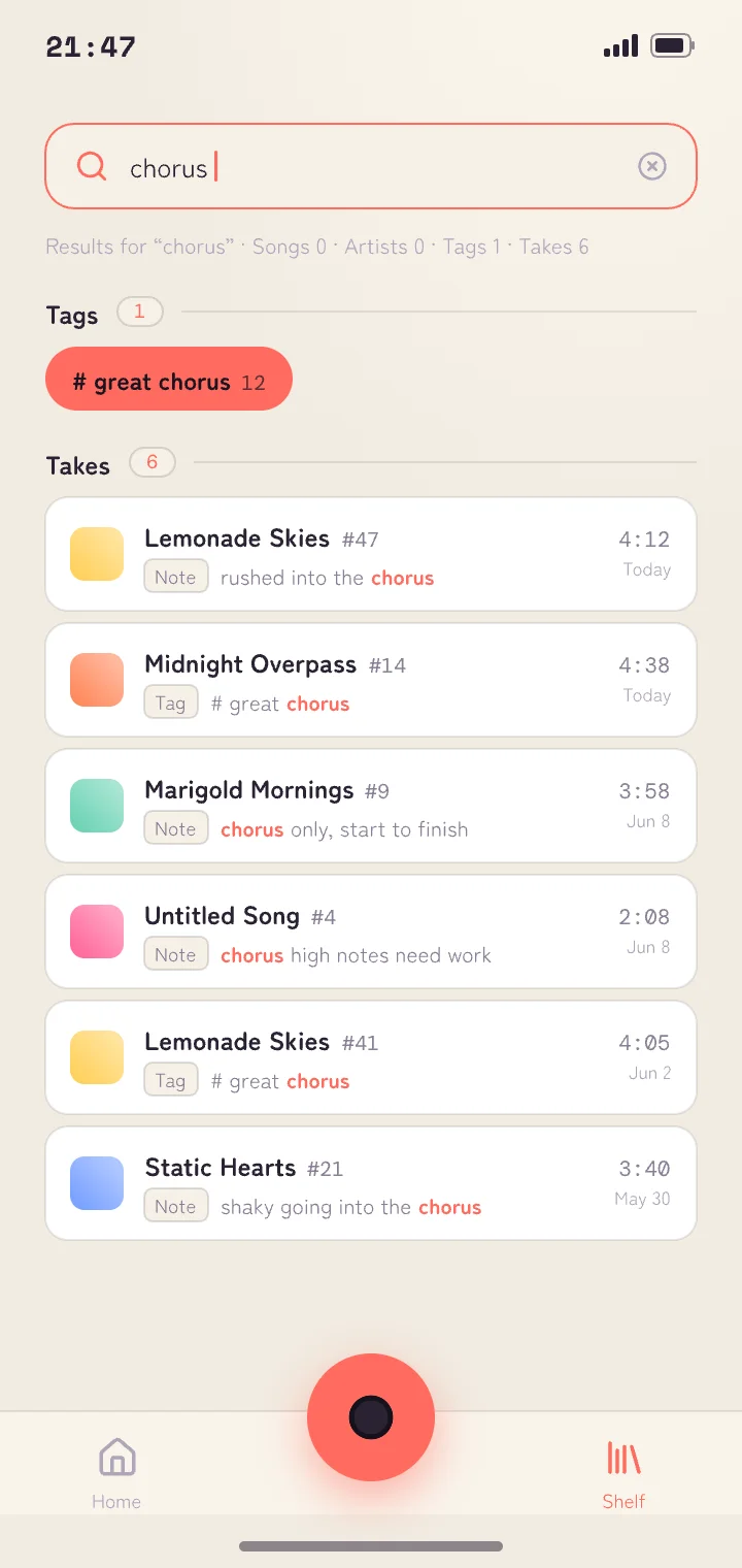 Search results with takes matched across song titles, tags, and notes