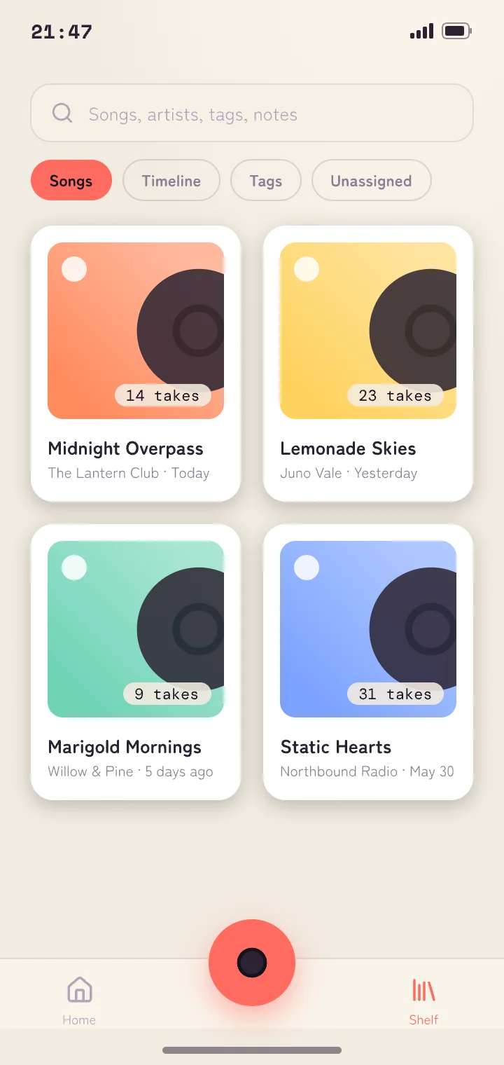 Shelf screen with a sleeve for each song and the take count in the corner