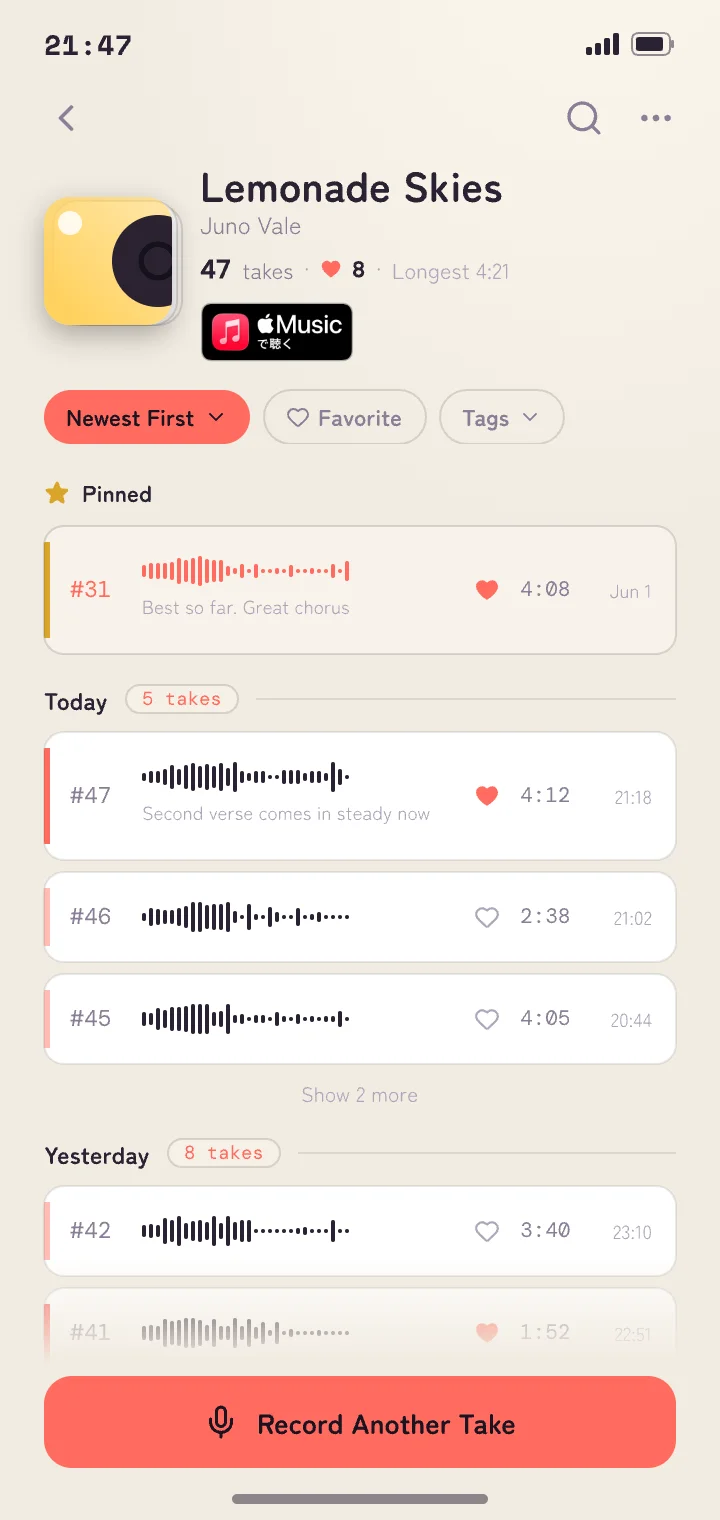 Song screen with takes in the order they were recorded and a pinned take at the top